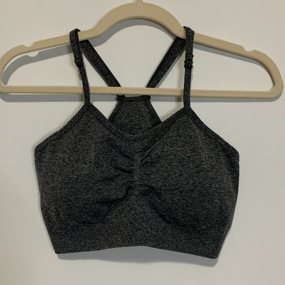 SEAMLESS HIGH STRETCH RUCHED SPORTS BRA SCRUNCH BUTT BIKER SHORTS | PLAIN GREY - Picture 2 of 7